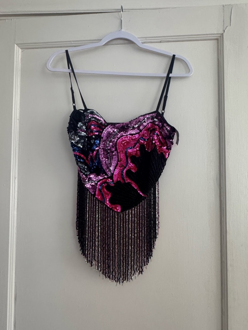 Nasty Gal Black Pink Sequin Fringe Crop Top